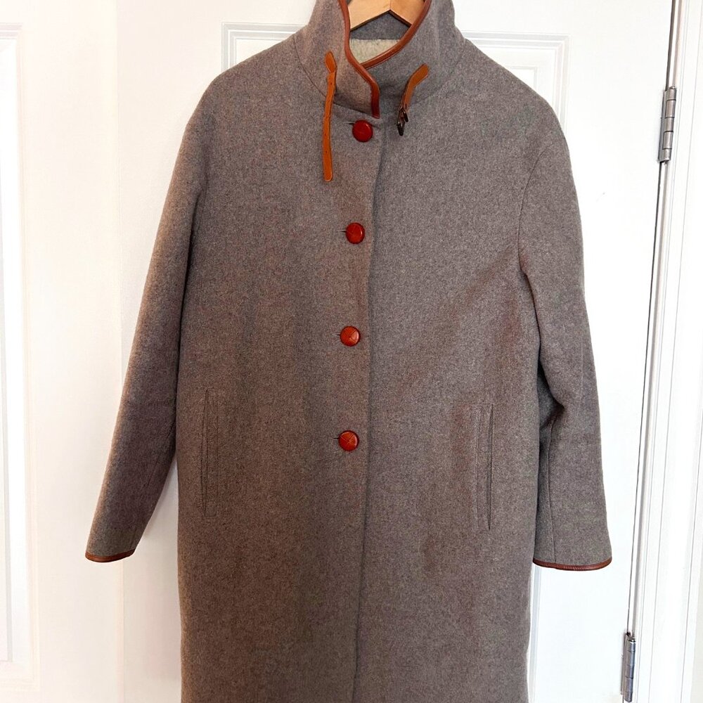 From Paris - French Brand Sessùn Grey Wool Coat with Leather Trim + Buttons